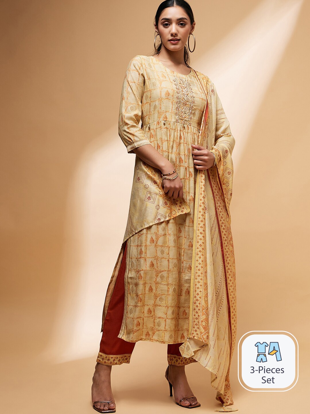 

all about you Ethnic Motifs Printed Chanderi Silk Kurta With Trousers & Dupatta, Yellow