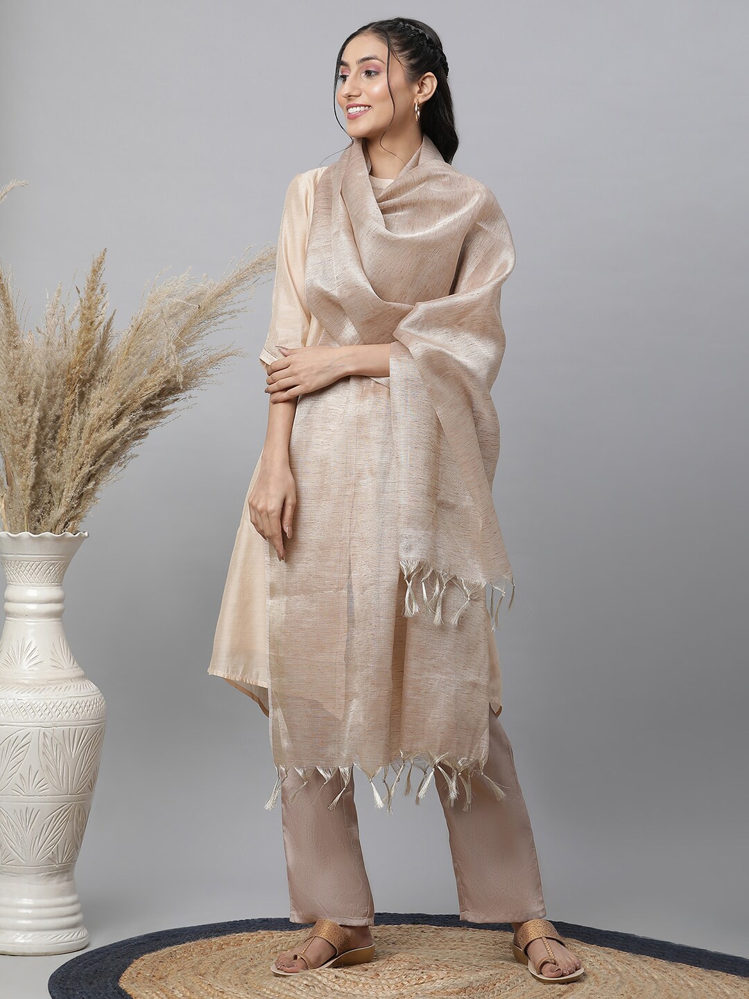 

AURELIA Striped Tasselled Dupatta, Beige