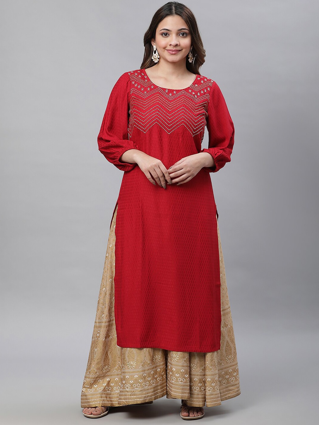 

AURELIA Ethnic Motifs Round Neck Puff Sleeve Thread Work Kurta, Red