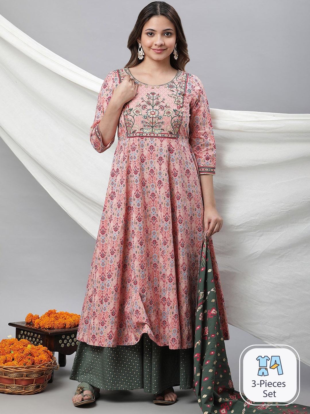

AURELIA Ethnic Motifs Printed Gotta Patti Pure Cotton Anarkali Kurta, Pink