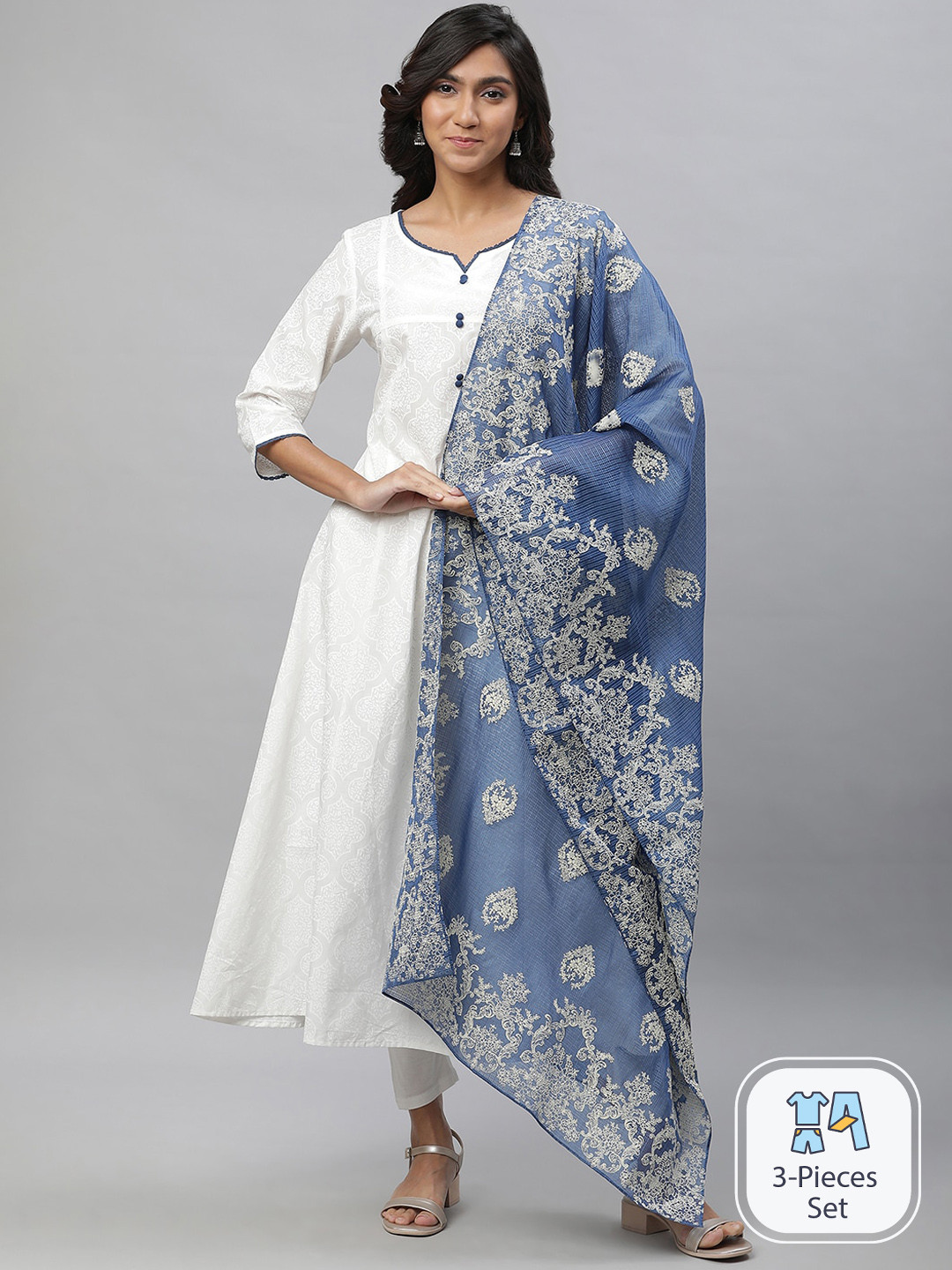 

AURELIA Ethnic Motifs Printed Regular Pure Cotton Kurta With Leggings & With Dupatta, White