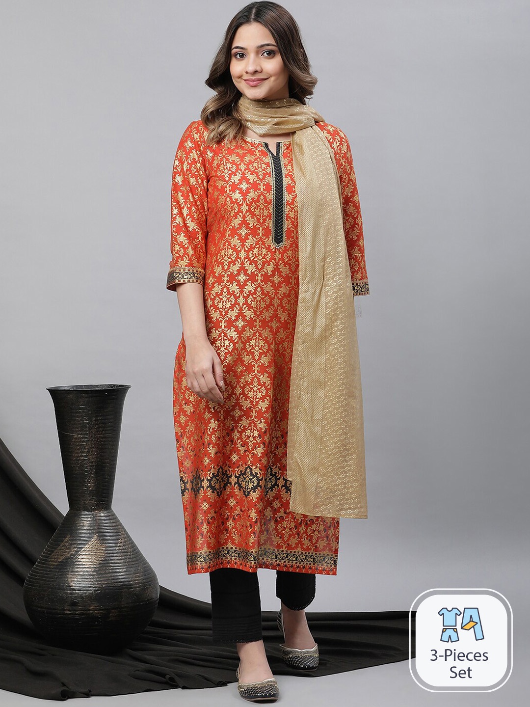 

AURELIA Ethnic Motifs Printed Sequinned Kurta, Orange
