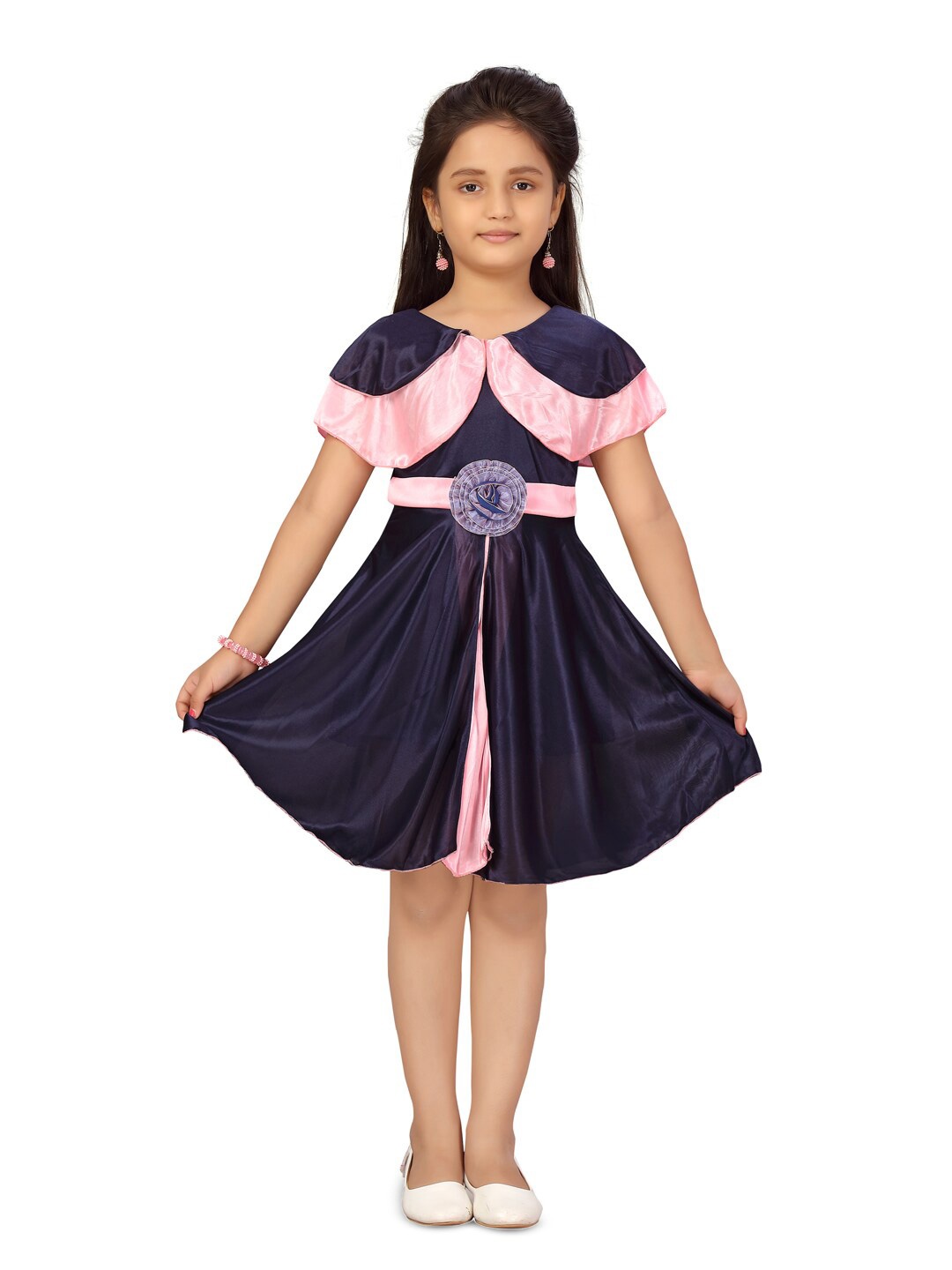 

BAESD Girls Cape Sleeves Silk Fit & Flare Dress, Navy blue