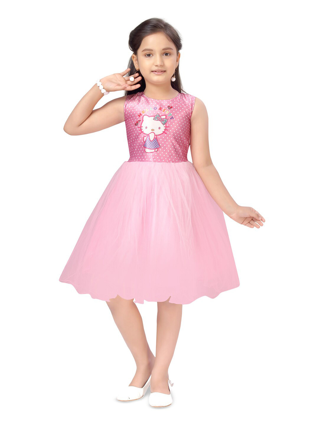 

BAESD Girls Polka Dots Printed Gathered Net Fit & Flare Dress, Pink