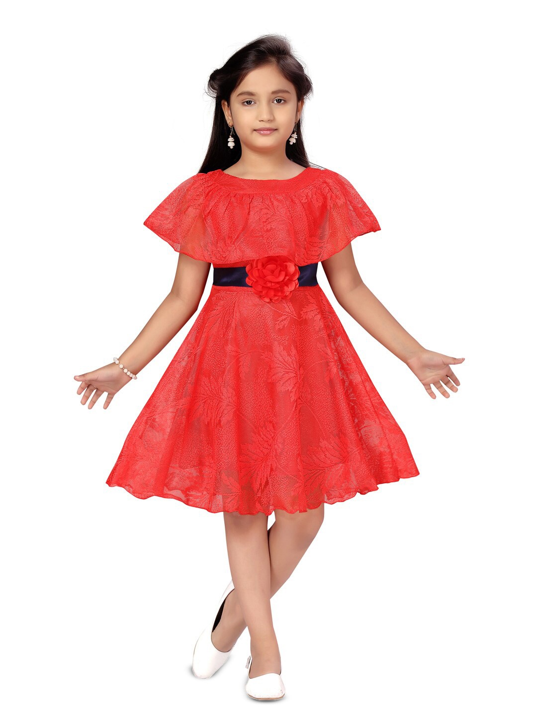 

BAESD Girls Self Design Flared Sleeves Corsage Fit & Flare Dress, Red