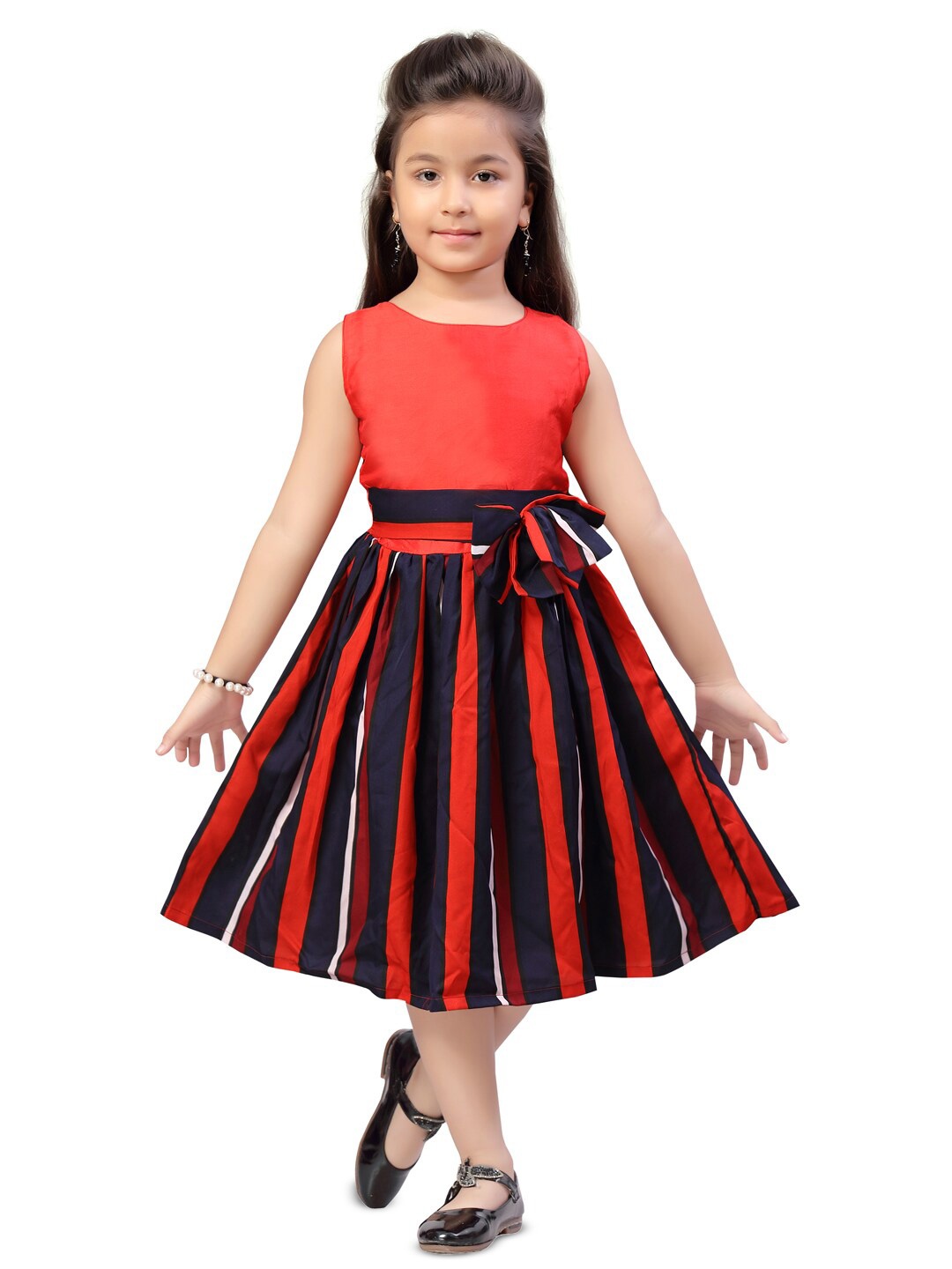 

BAESD Girls Striped Tie-Ups Detail Fit & Flare Dress, Red