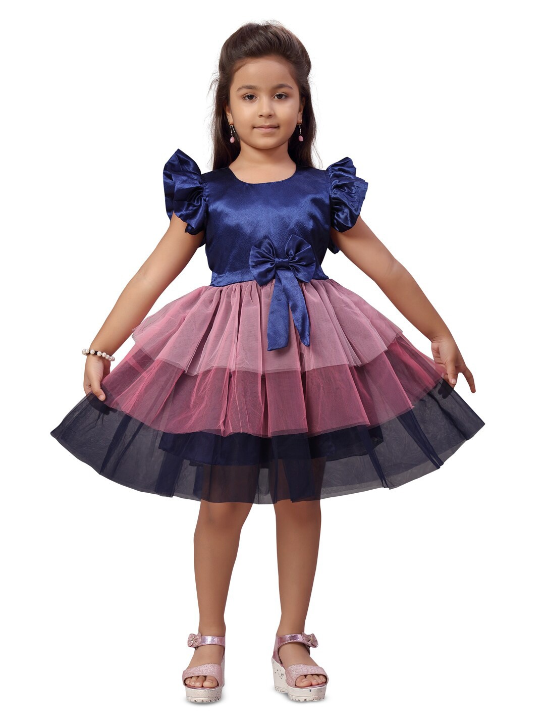 

BAESD Flutter Sleeves Belted Layered Net Fit & Flare Dress, Navy blue