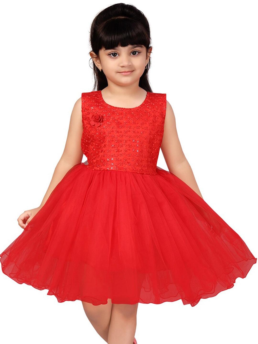 

BAESD Girls Floral Embroidered Corsage Round Neck Fit & Flare Dress, Red