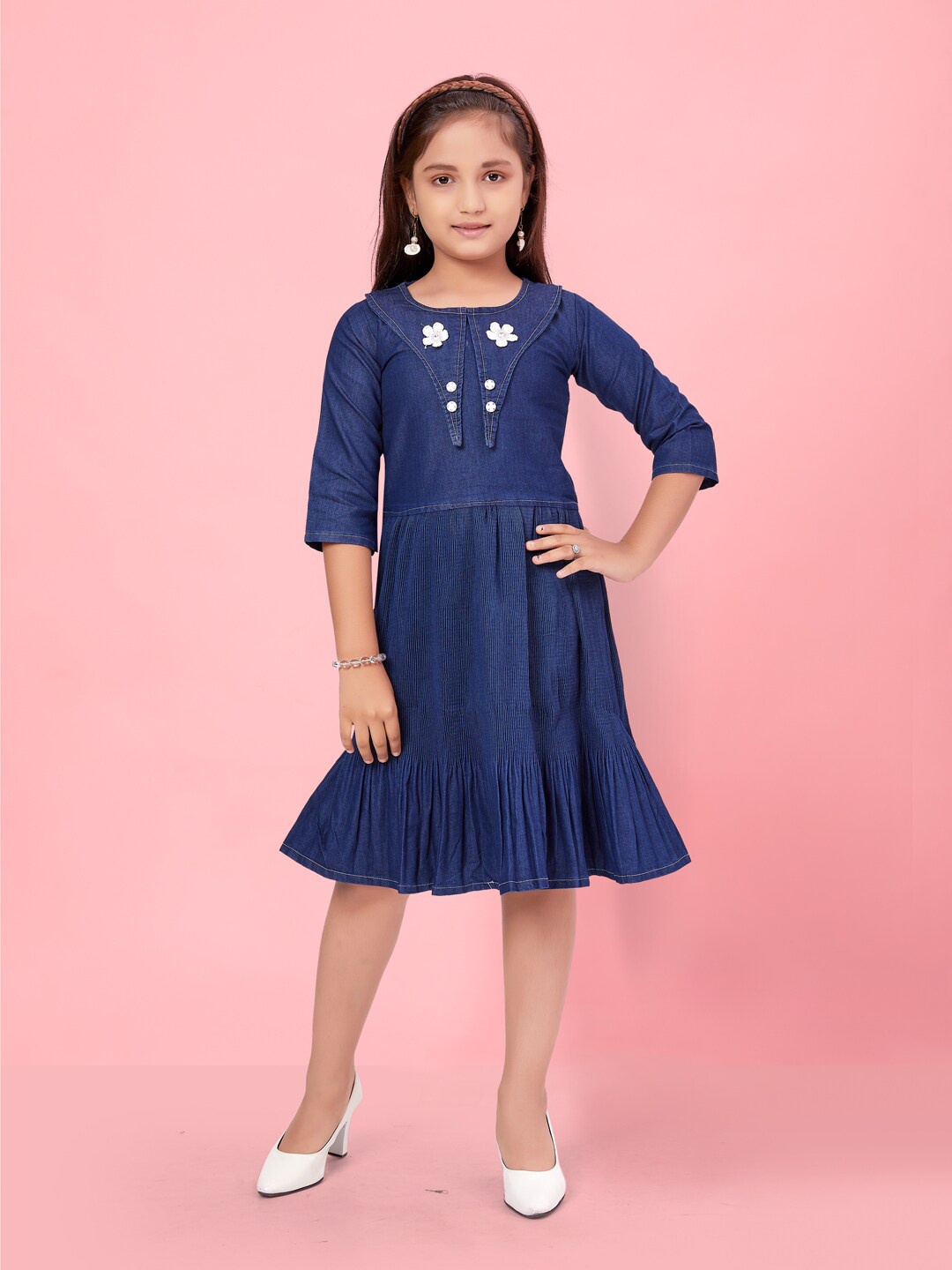 

BAESD Embellished Round Neck A-Line Cotton Dress, Navy blue