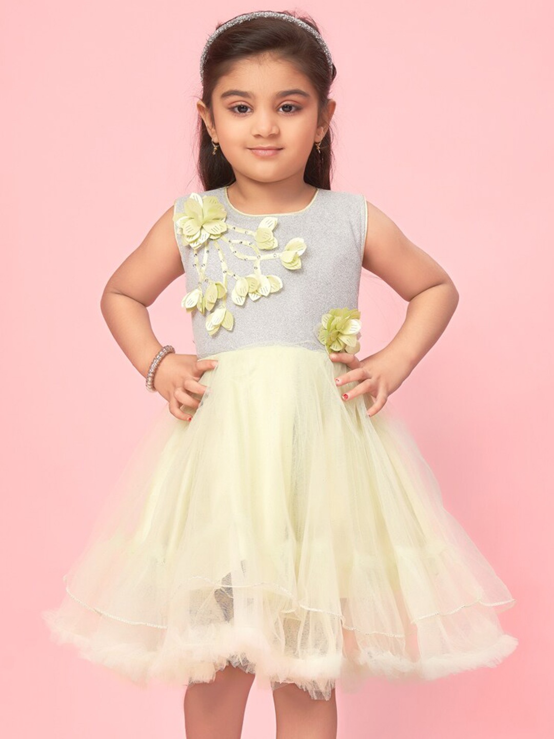 

BAESD Floral Applique Net Sleeveless Fit & Flare Dress, Green