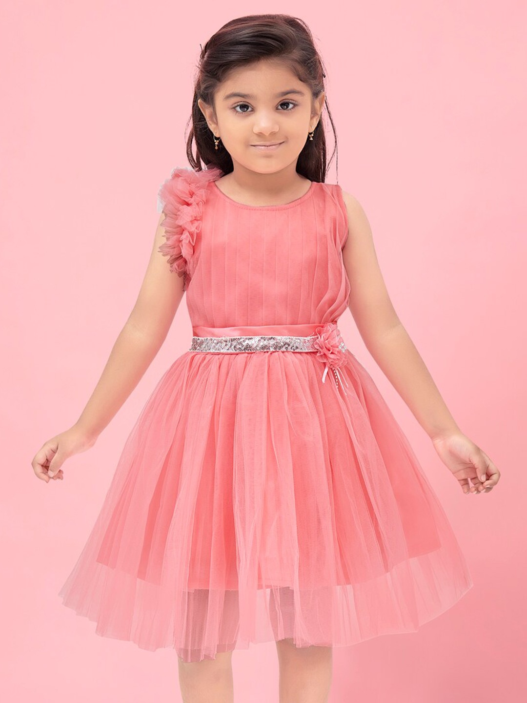 

BAESD Girls Round Neck Ruffled Georgette Fit & Flare Dress, Peach