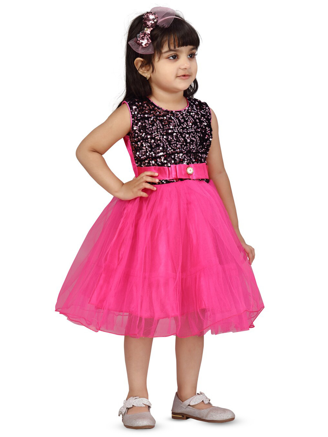 

BAESD Embellished Round Neck Sleeveless Bow Net Fit & Flare Dress, Pink