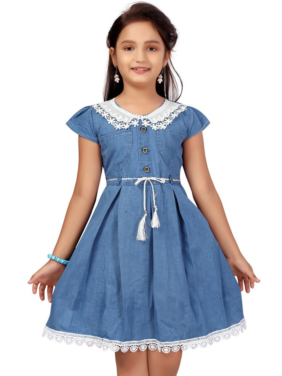 

BAESD Girls Round Neck Cap Sleeves Fit & Flare Dress, Blue