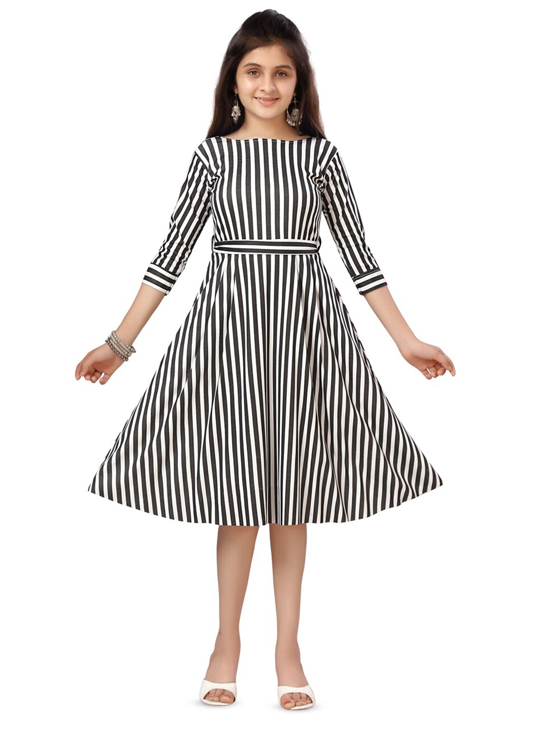 

BAESD Girls Striped Boat Neck Cotton Fit & Flare Dress, Black