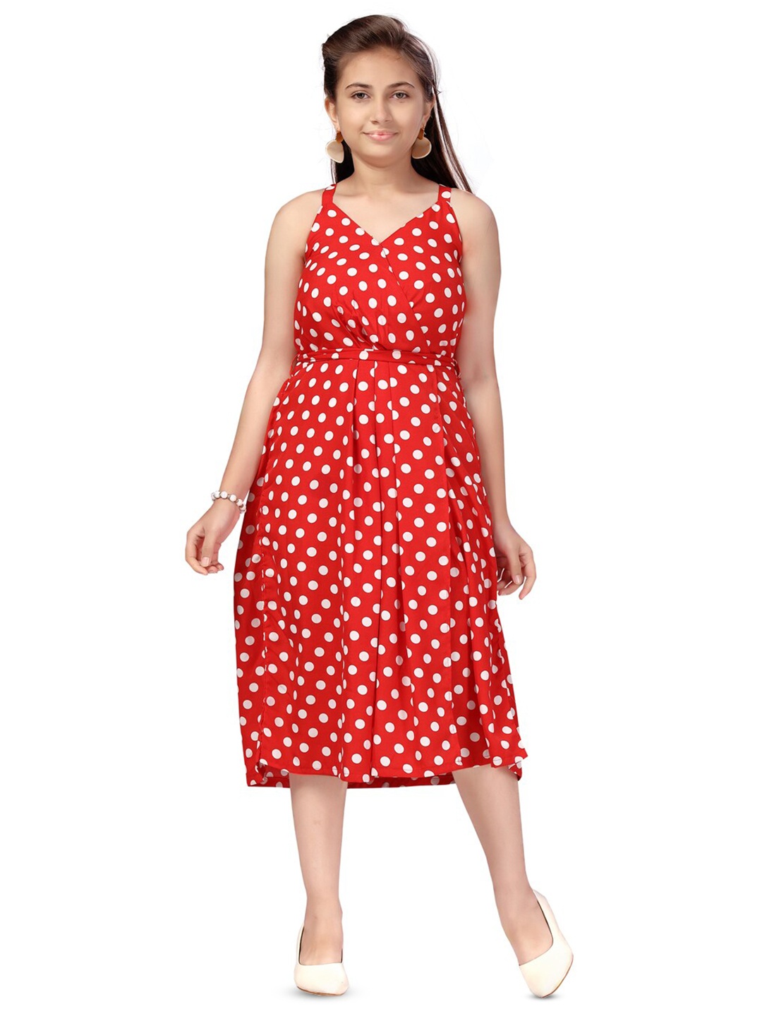 

BAESD Girls Polka Dot Printed Shoulder Strapped Fit & Flare Midi Dress, Red
