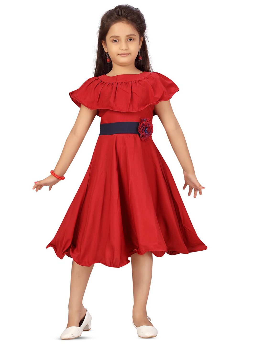 

BAESD Ruffles Belted Fit & Flare Silk Dress, Maroon
