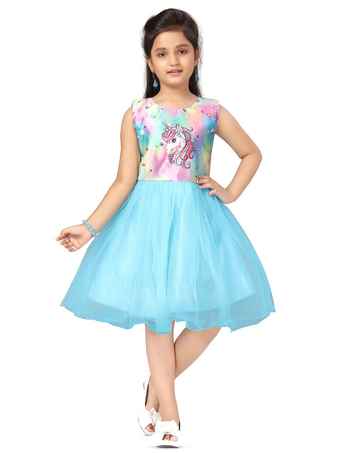 

BAESD Girls Floral Print Net Fit & Flare Dress, Turquoise blue