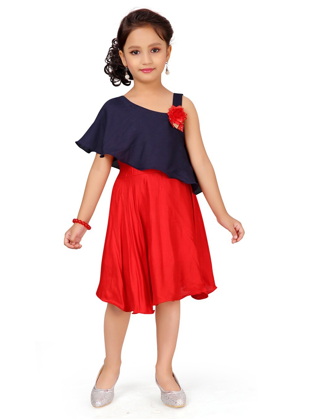 

BAESD Girls One Shoulder Cotton Fit & Flare Dress, Navy blue