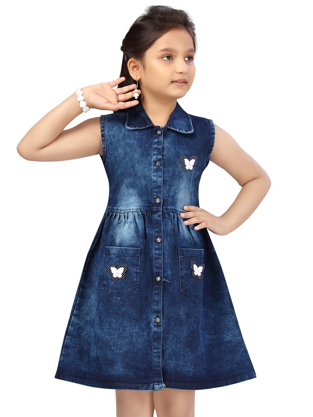 

BAESD Shirt Collar Applique Sleeveless A-Line Cotton Dress, Blue