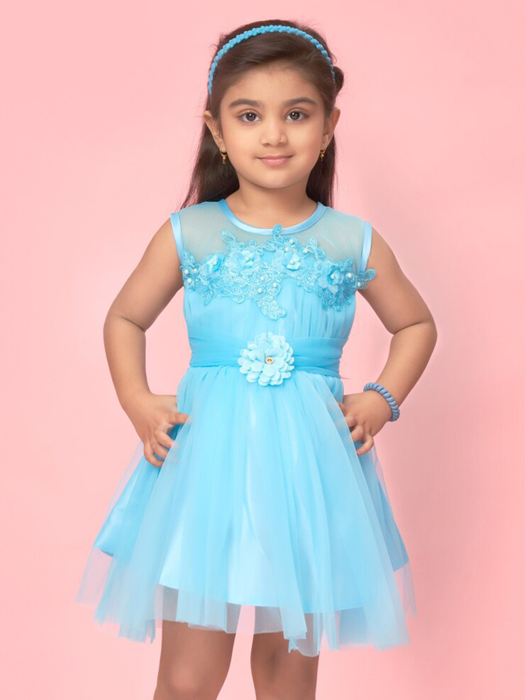 

BAESD Girls Self Design Embellished & Embroidered Fit & Flare Dress, Turquoise blue