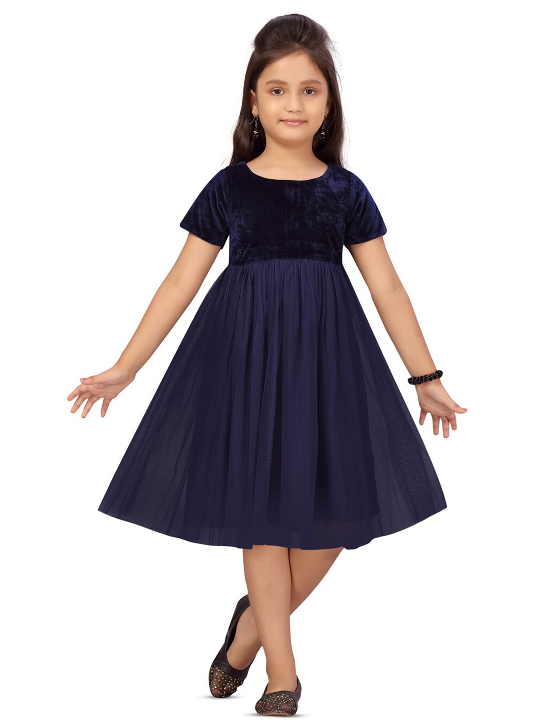 

BAESD Round Neck Velvet Fit & Flare Dress, Navy blue
