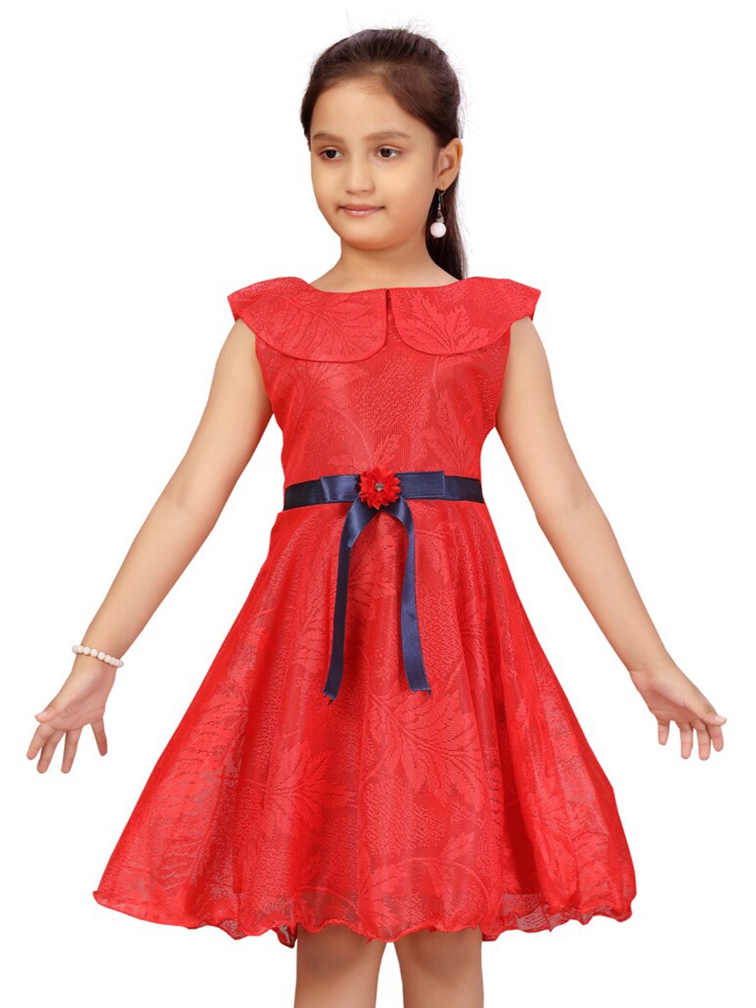 

BAESD Girls Self Design Cape Sleeve Belted Net Fit & Flare Dress, Red