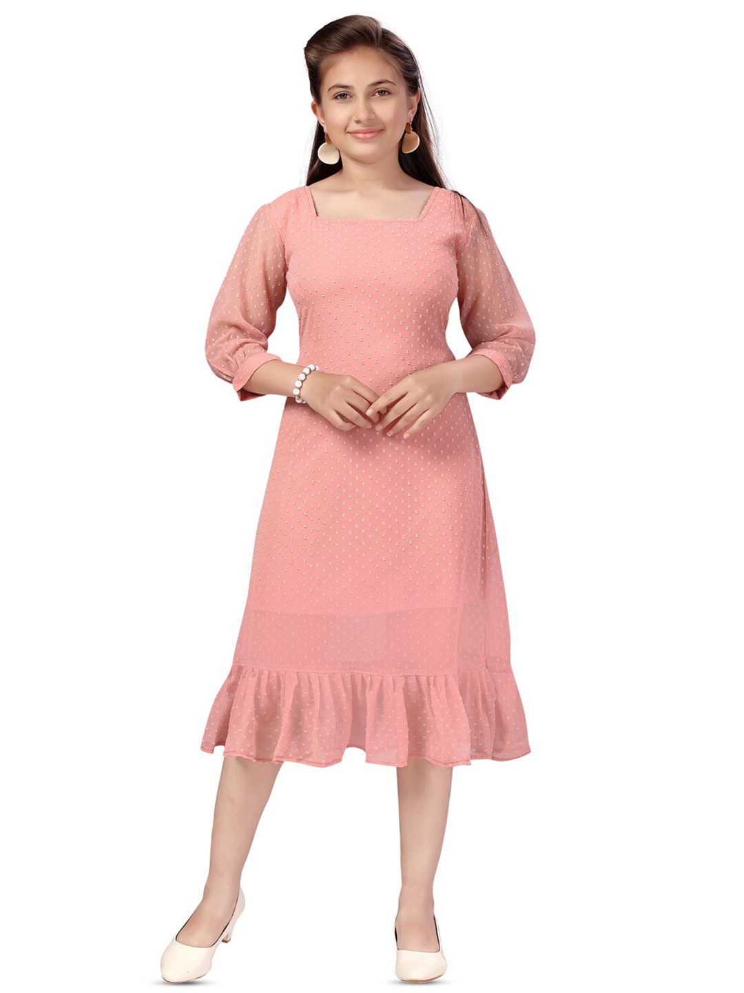 

BAESD Square Neck Self Design Georgette A-Line Dress, Peach