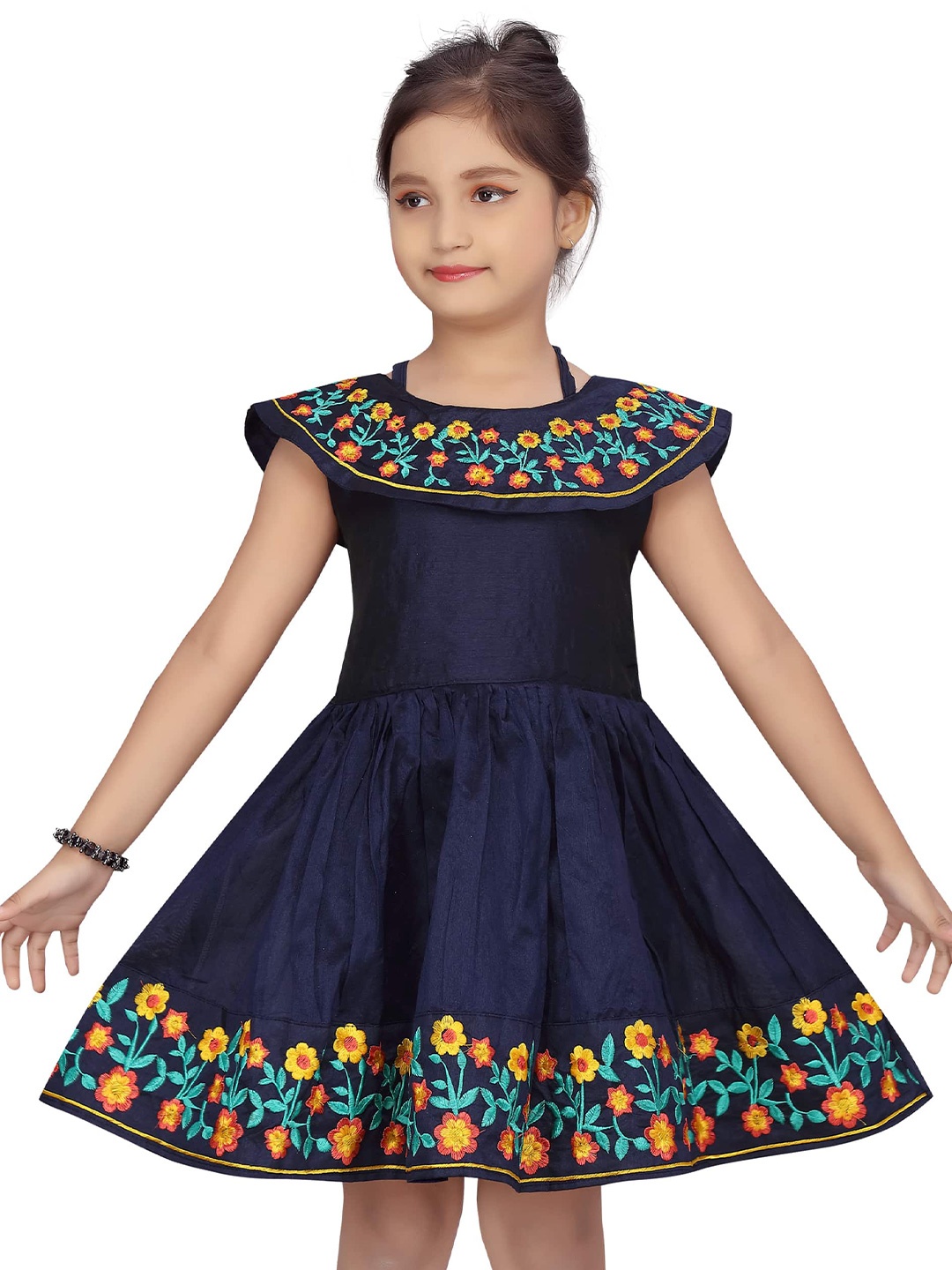 

BAESD Girls Floral Embroidered Silk Fit & Flare Dress, Navy blue