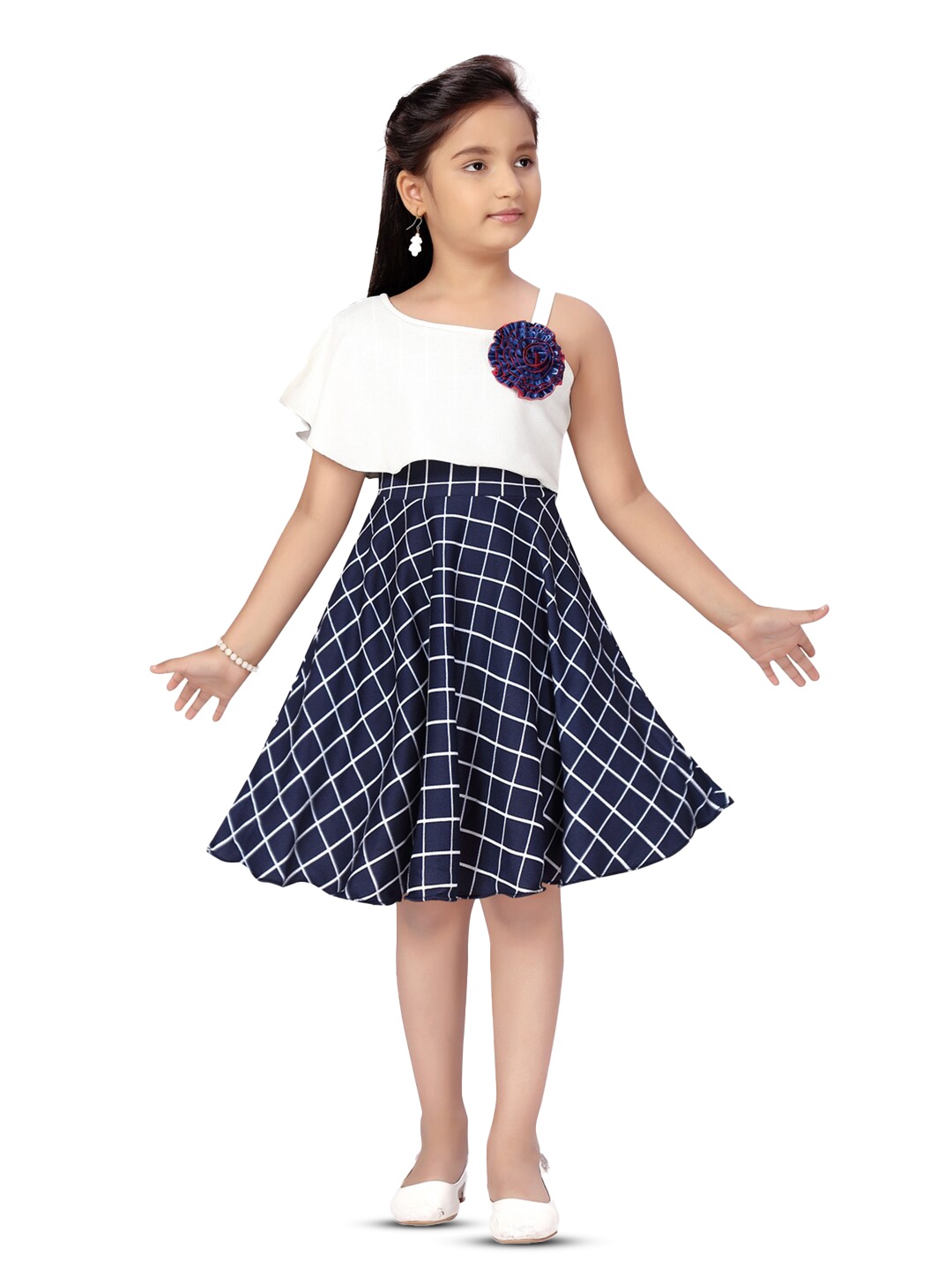 

BAESD Girls Checked Corsage Detailed One-Shoulder A-Line Dress, Navy blue