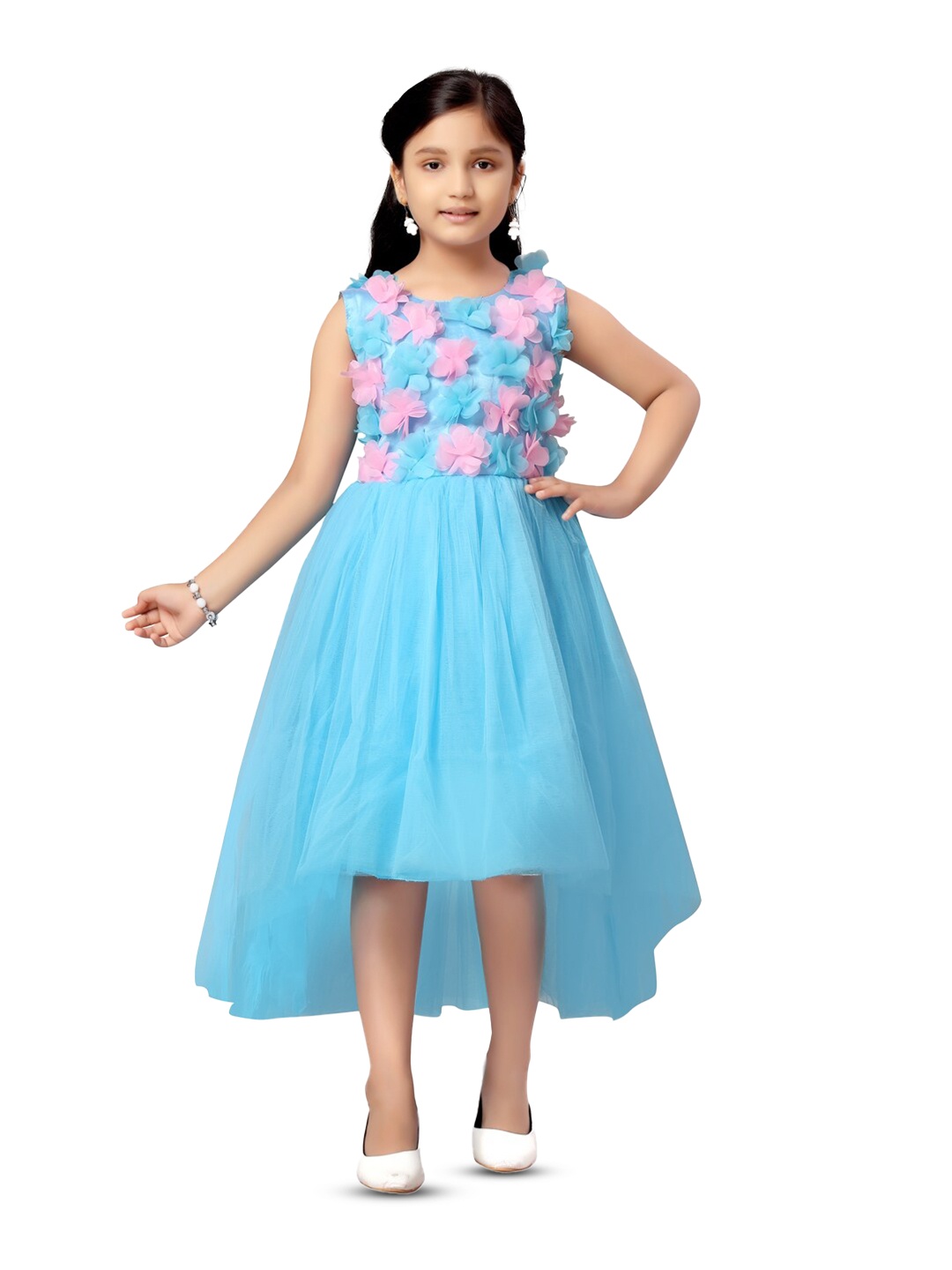 

BAESD Girls Self Design Tie-Ups High-Low Hem Midi Dress, Turquoise blue