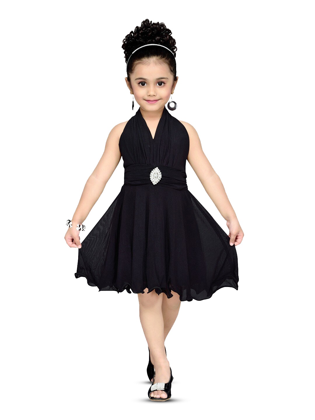 

BAESD Girls Embellished Sleeveless V-Neck Net Fit & Flare Dress, Black
