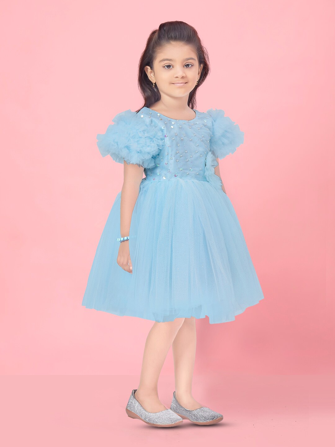 

BAESD Embellished Flutter Sleeve Net Fit & Flare Dress With Corsage, Turquoise blue