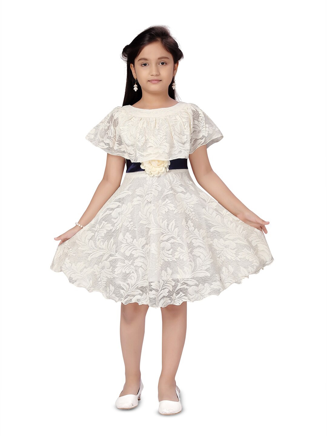 

BAESD Girls Self Design Cap Sleeves Bow Detail Fit & Flare Dress, Cream