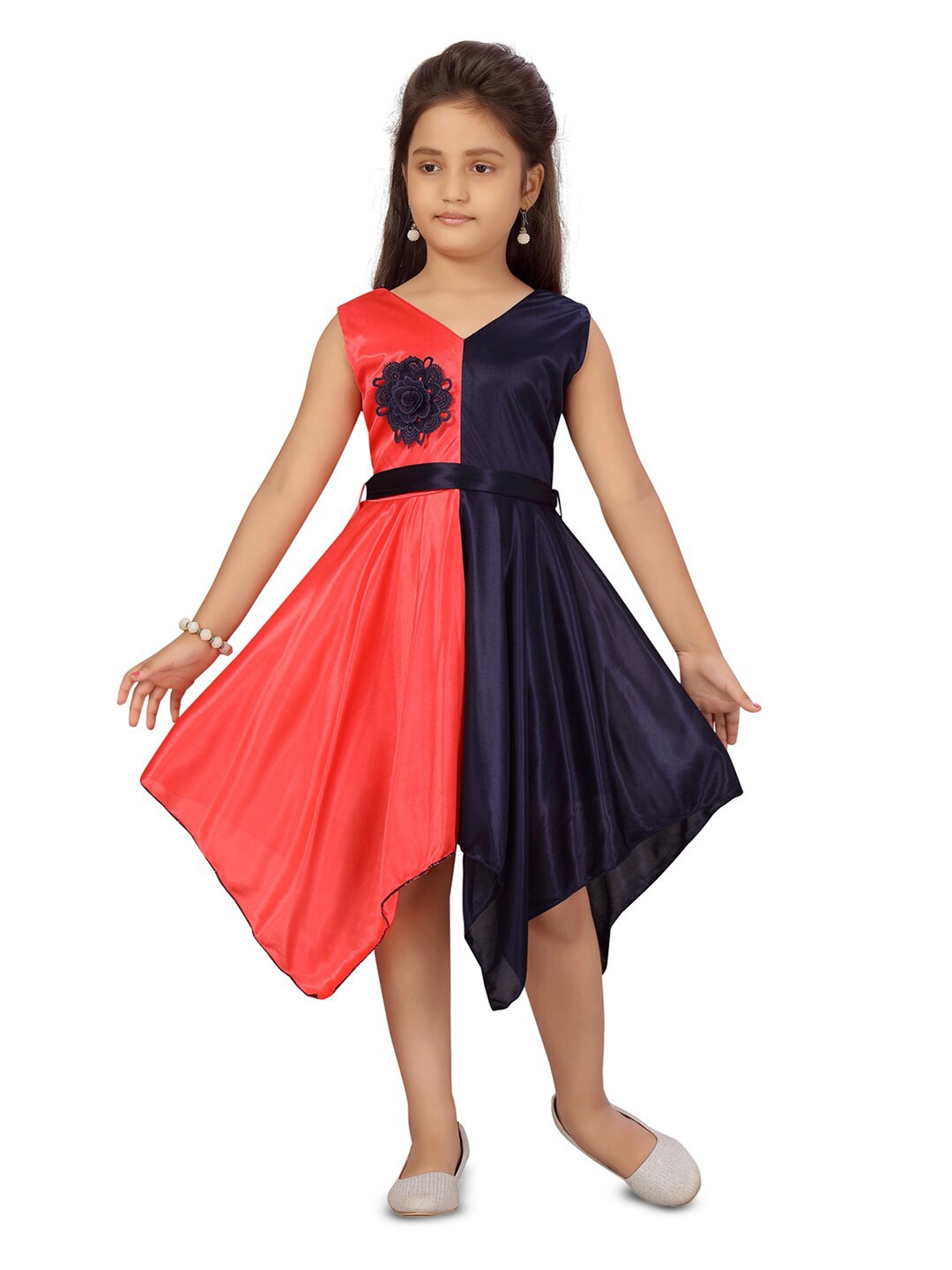 

BAESD Girls Colourblocked Silk Fit & Flare Dress, Red