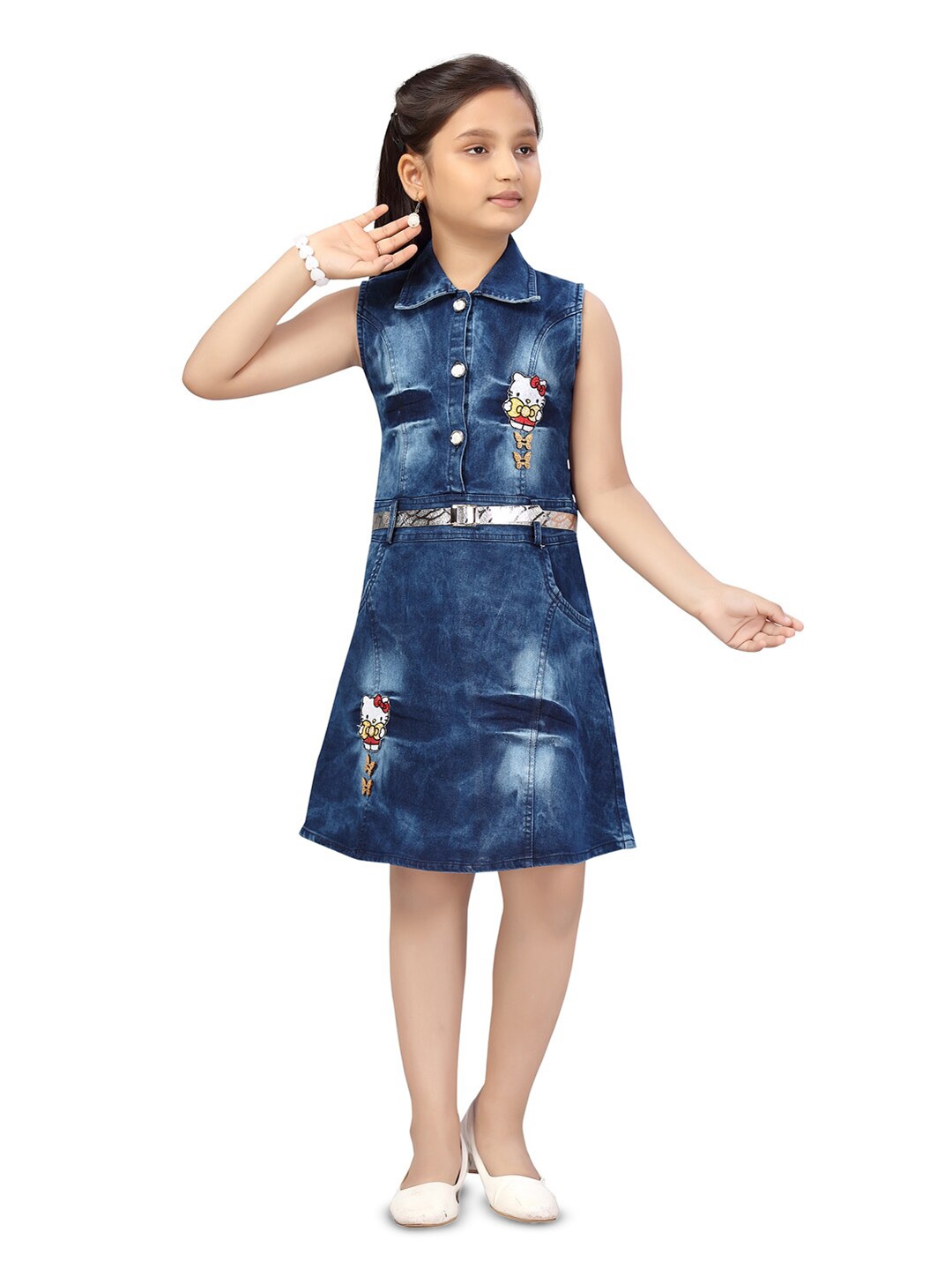 

BAESD Shirt Collar Applique A-Line Denim Dress, Blue