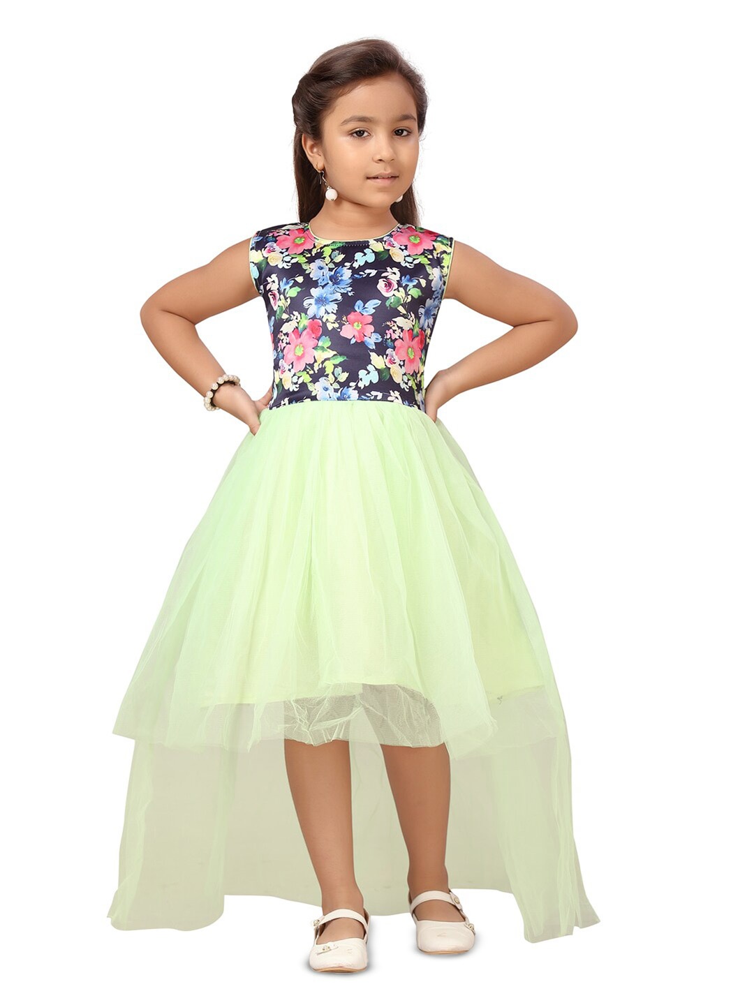

BAESD Girls Floral Printed Sleeveless Net High-Low Fit & Flare Party Dress, Green