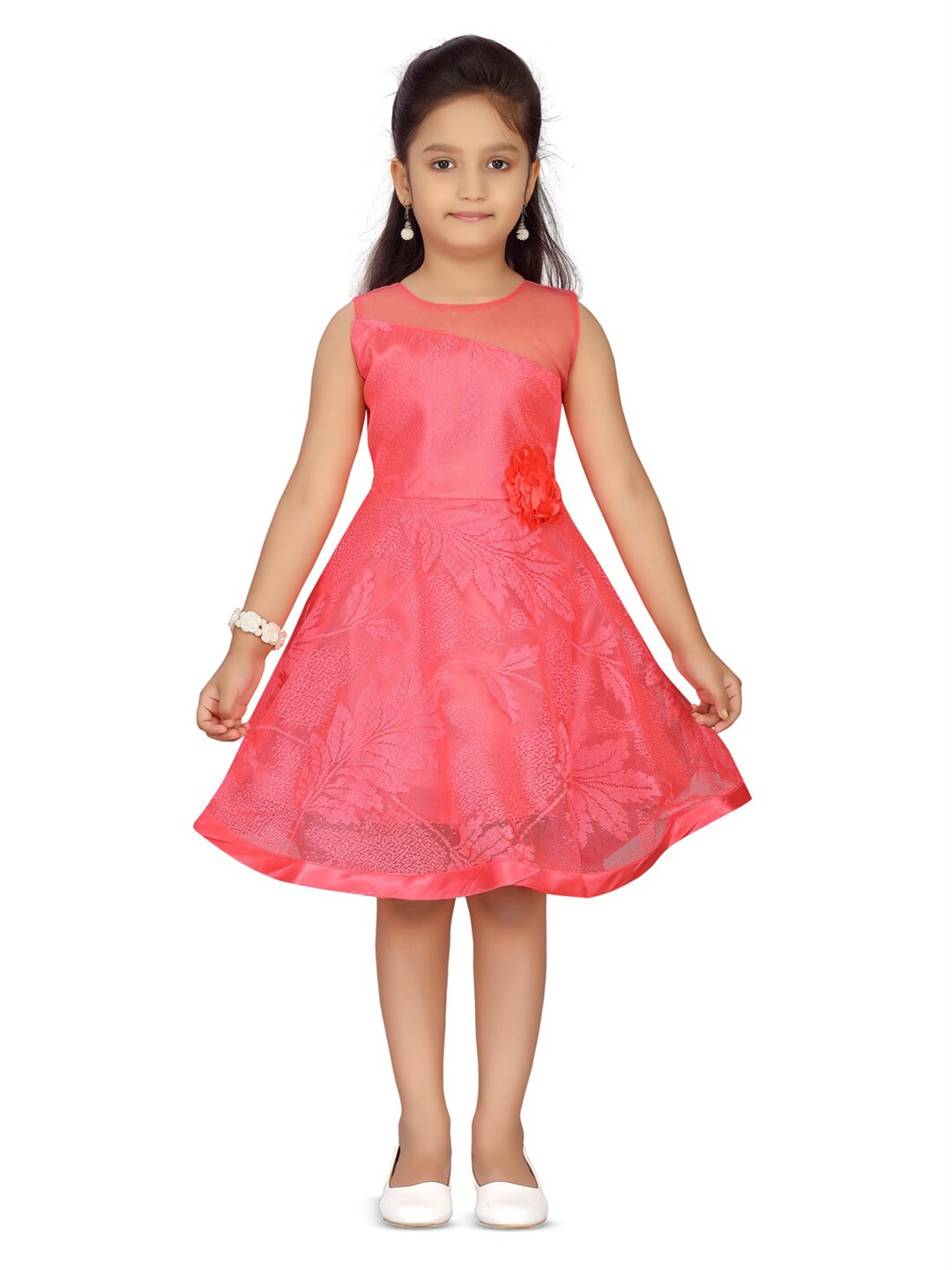 

BAESD Girls Floral Self Design Fit & Flare Dress, Coral