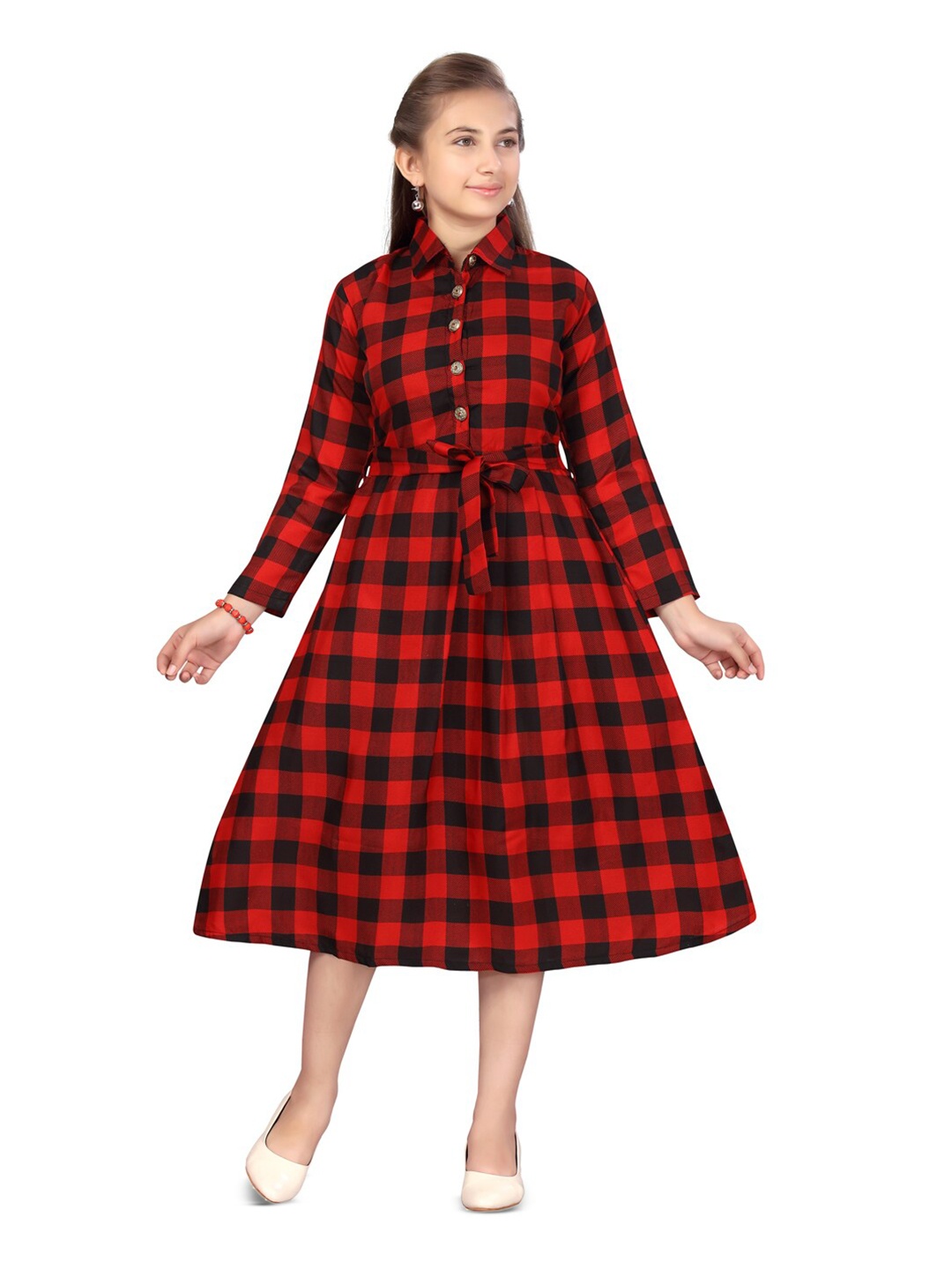 

BAESD Girls Checked Cotton Shirt Midi Dress, Red