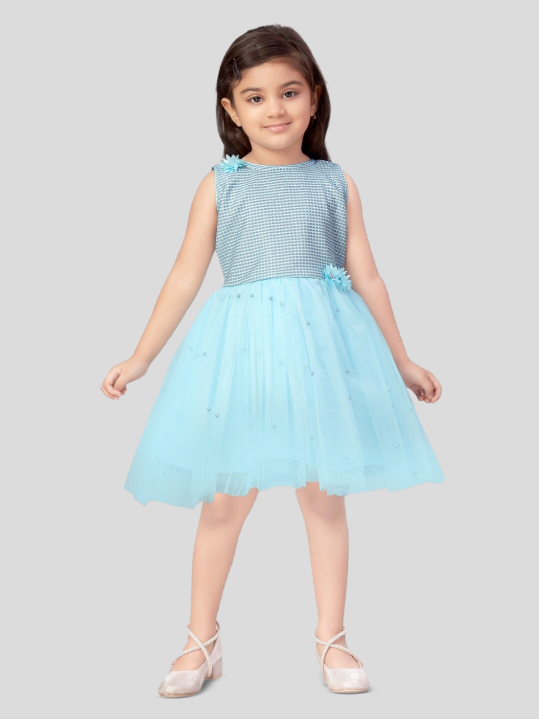 

BAESD Girls Self Design Tulle Net Fit & Flare Dress, Turquoise blue