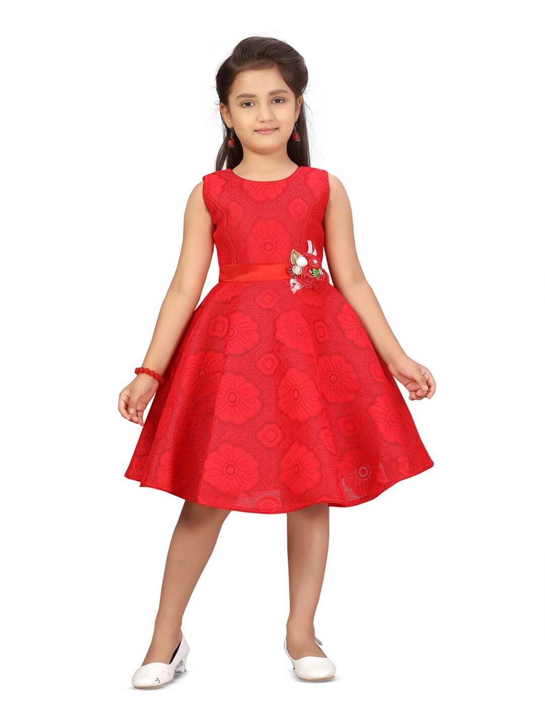 

BAESD Girls Floral Self Designed Corsage Detailed Cotton A-Line Dress, Red