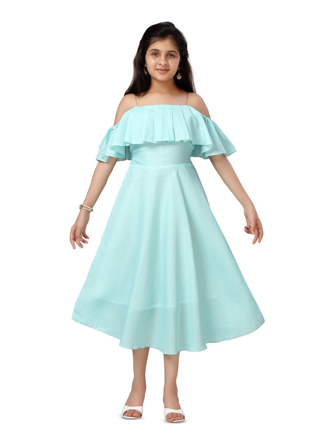 

BAESD Girls Conversational Printed Cold-Shoulder Sleeves Cotton Fit & Flare Midi Dress, Turquoise blue