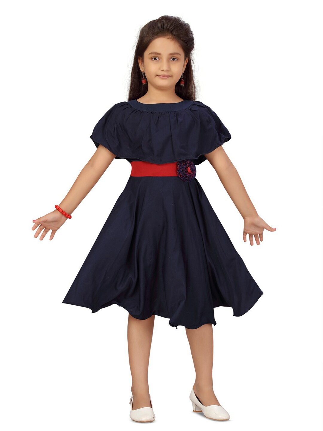 

BAESD Cape Sleeves Fit & Flare Silk Dress, Navy blue