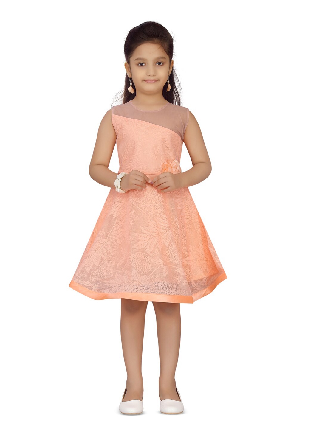 

BAESD Girls Self Design Round Neck Net Fit & Flare Dress, Peach