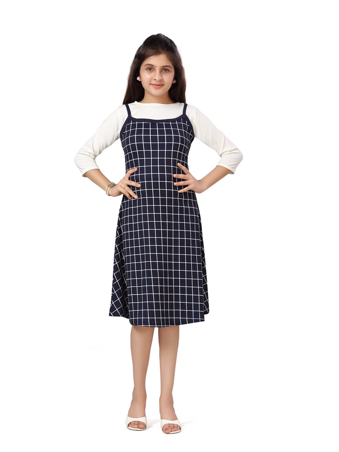 

BAESD Checked Shoulder Strap Cotton A-Line Dress, Navy blue