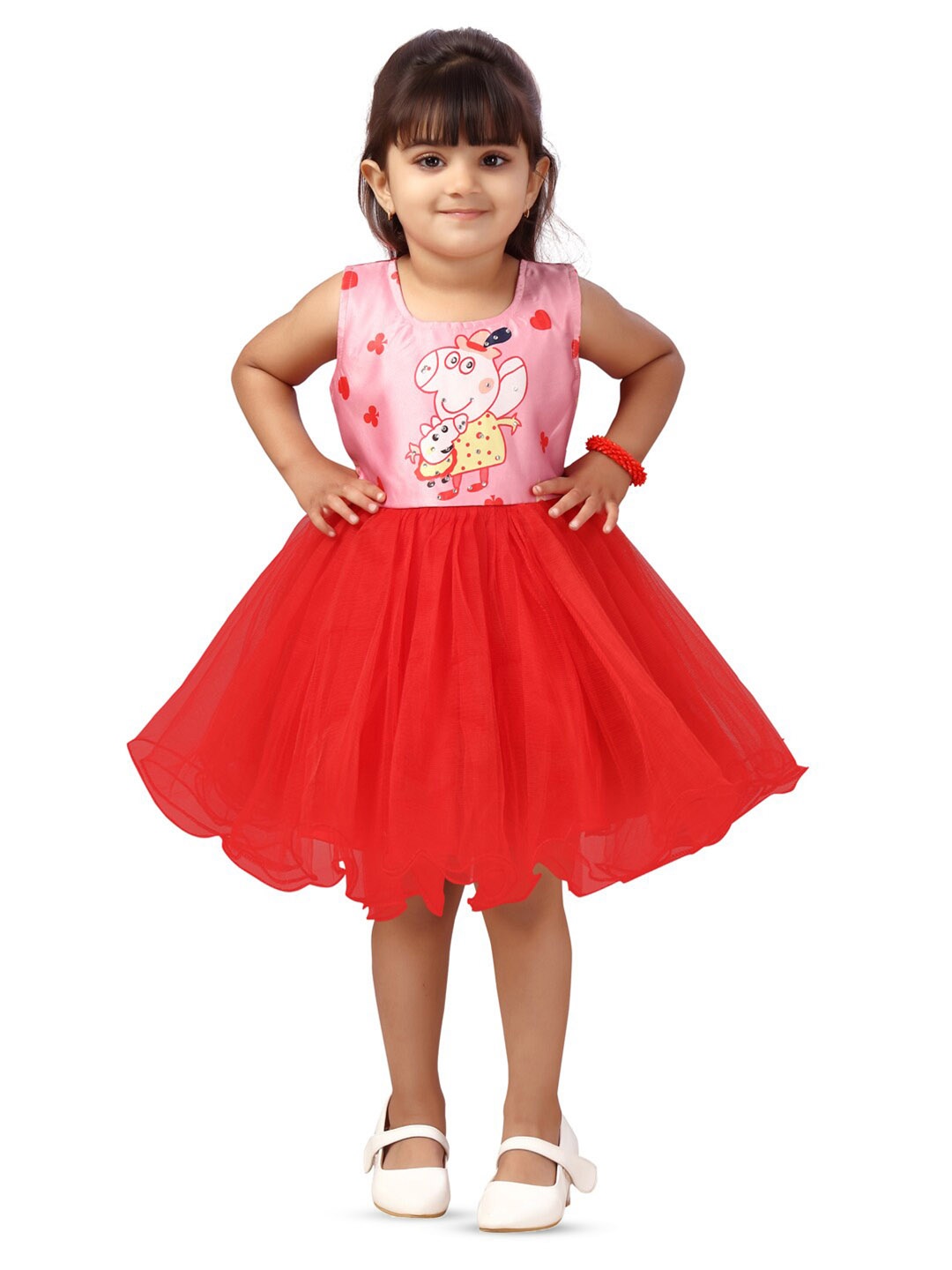 

BAESD Peppa Pig Printed Sleeveless Net Fit & Flare Dress, Red