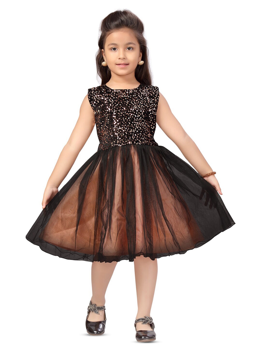 

BAESD Girls Round Neck Sequinned Fit & Flare Dress, Peach
