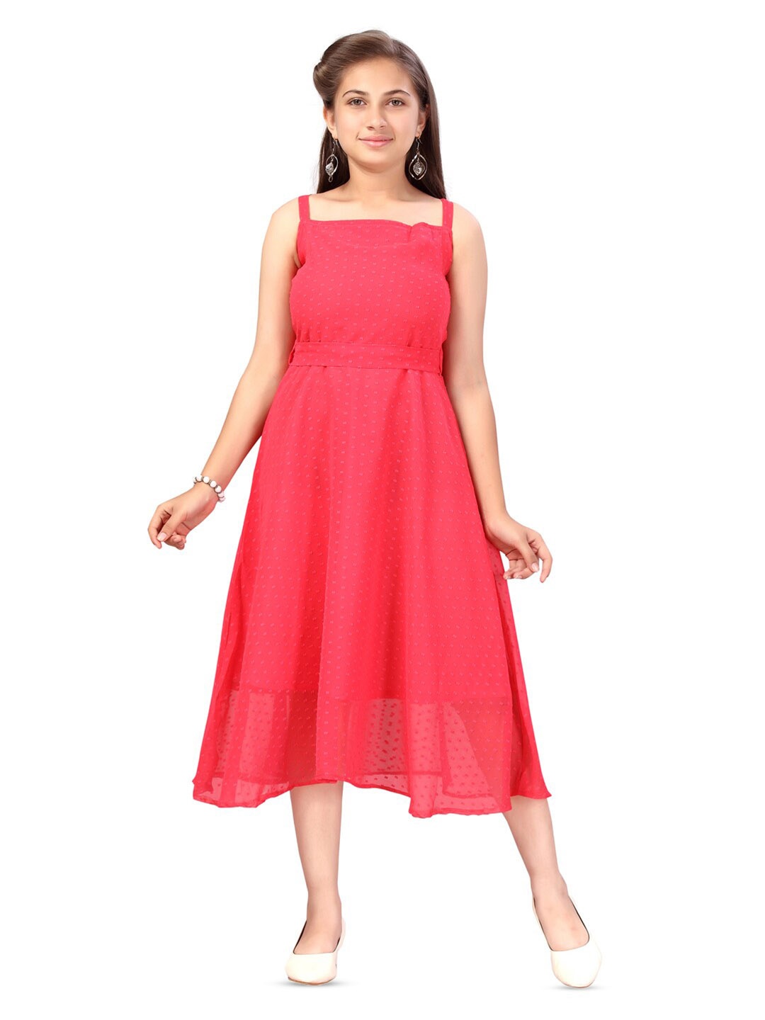 

BAESD Girls Self Design Tie-Ups Shoulder Strap Fit & Flare Midi Dress, Red