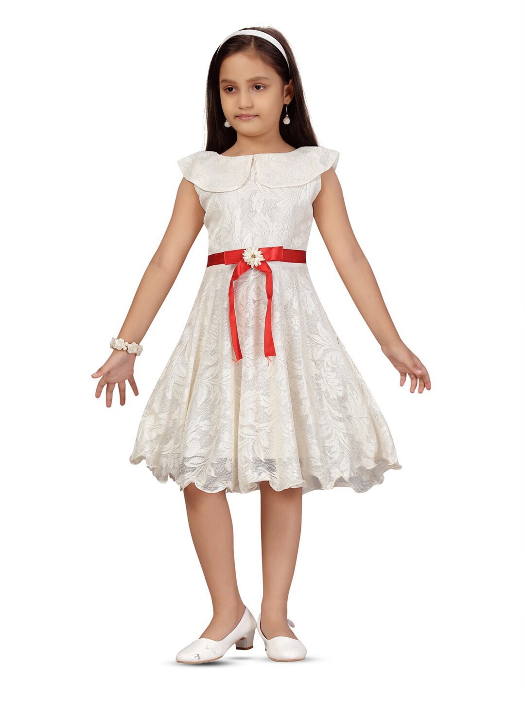 

BAESD Girls Floral Self Design A Line Dress, Cream