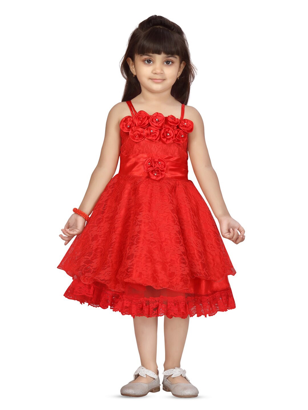 

BAESD Girls Self Design Shoulder Strap Fit & Flare Midi Dress, Red