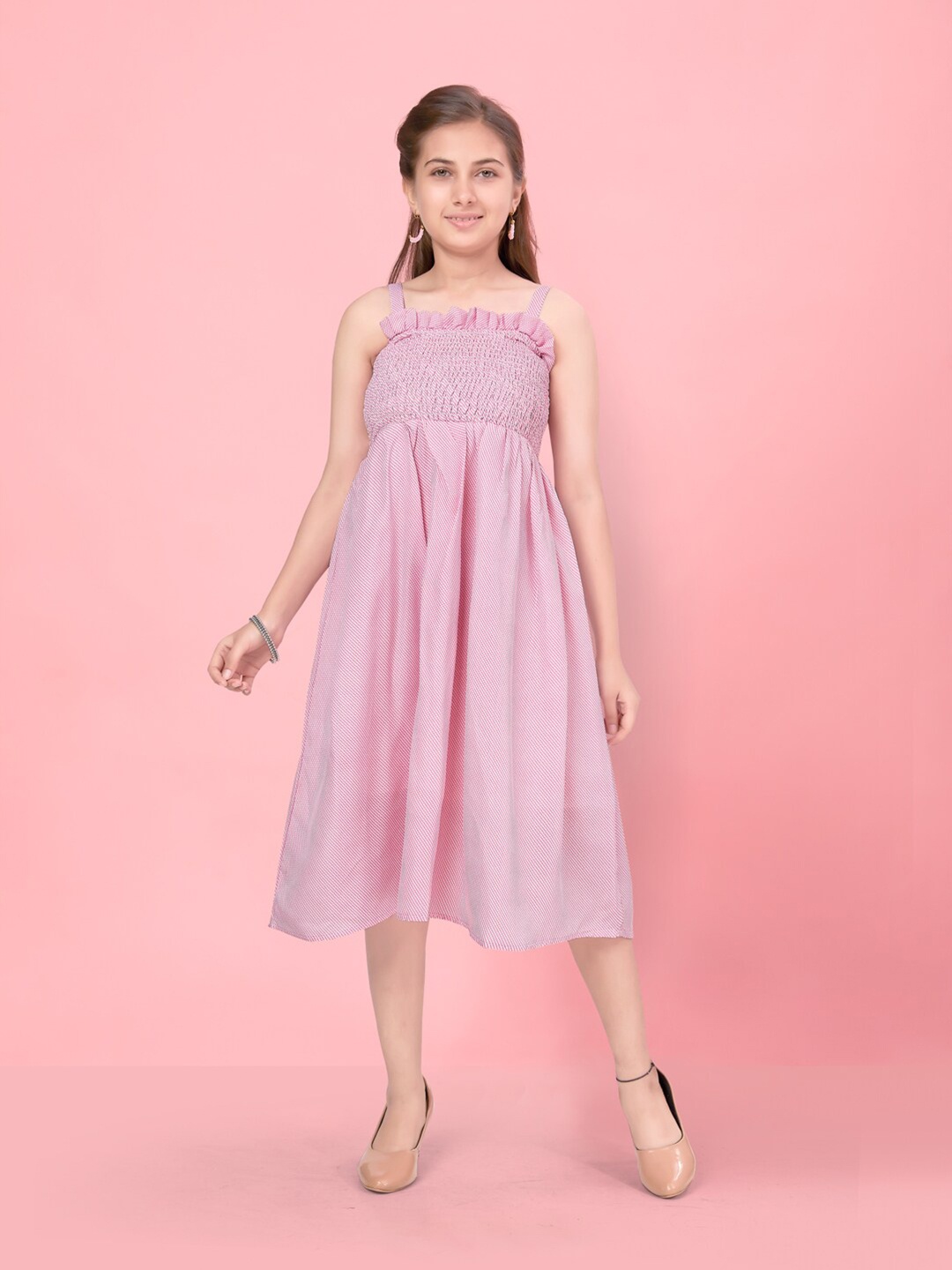 

BAESD Girls Geometric Printed Shoulder Straps Smocking Cotton Fit & Flare Midi Dress, Pink